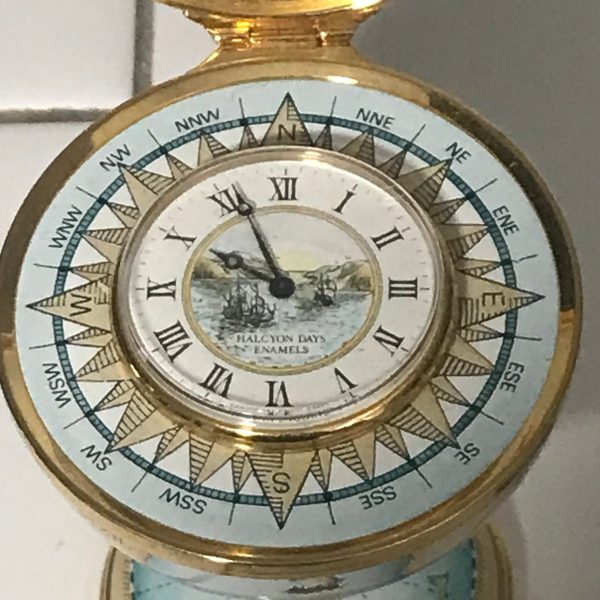 Vintage Halcyon Enameled Trinket box clock Globe on Stand box Hinged lid 24kt gold plate great detail collectible display