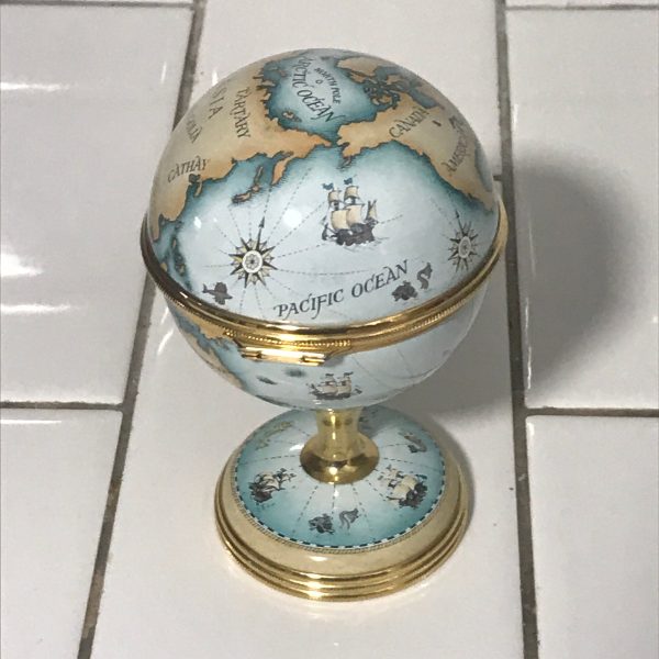 Vintage Halcyon Enameled Trinket box clock Globe on Stand box Hinged lid 24kt gold plate great detail collectible display
