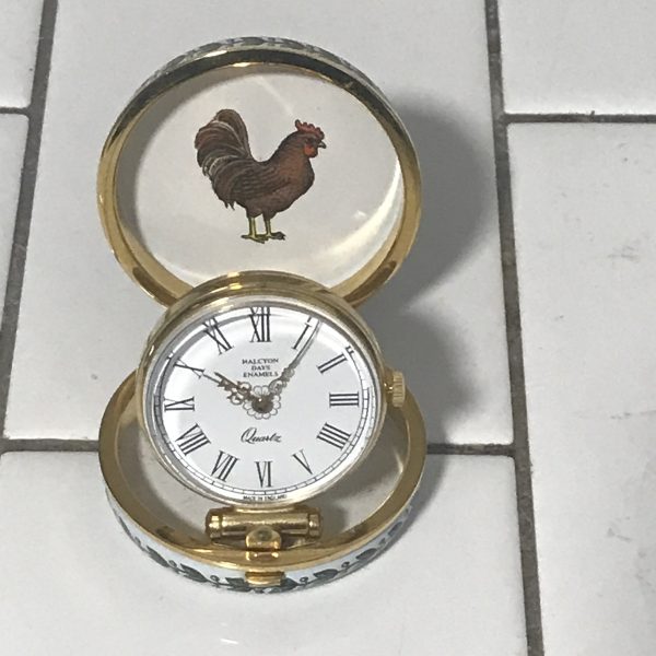 Vintage Halcyon Enameled Trinket box pop up alarm clock Rooster for day Owl for night Hinged lid 24kt gold plate collectible display
