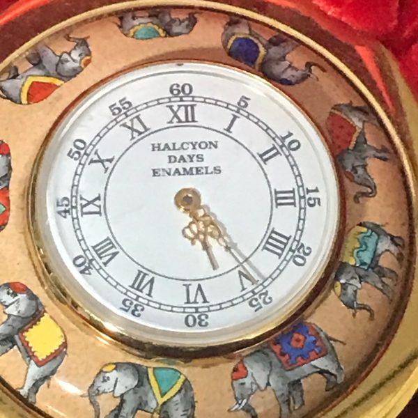 Vintage Halcyon Enameled Trinket clock Elephants surround a quartz clock 24kt gold plate collectible display enamel on copper box & COA