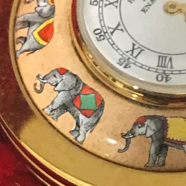 Vintage Halcyon Enameled Trinket clock Elephants surround a quartz clock 24kt gold plate collectible display enamel on copper box & COA