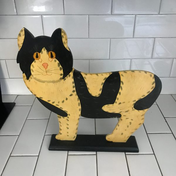Vintage hand made folk art cat flat wooden kitten black and white nice detail 13" tall 13" wide crazy cat lady cat lovers display home decor