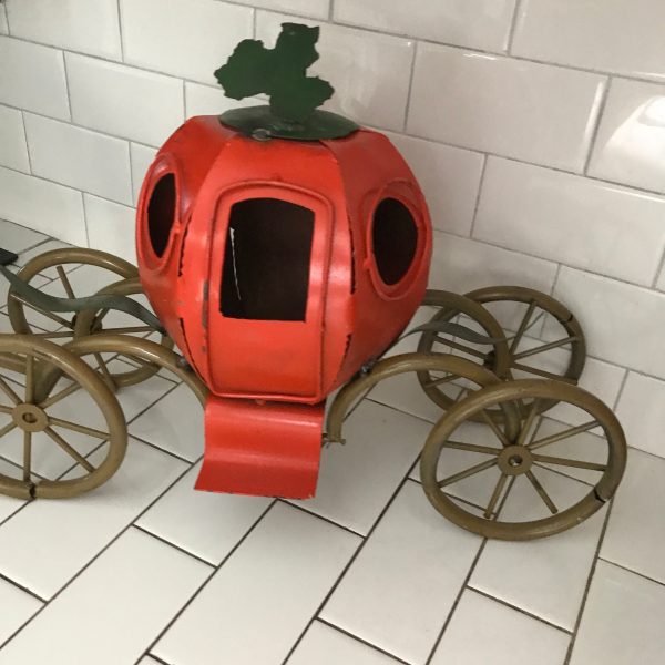 Vintage Horse drawn Pumpkin carriage all metal collectible display Cinderella style figurine large 27" long 15" tall