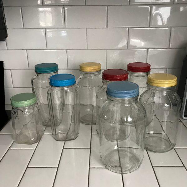 Vintage Kitchen Storage Jars Unique shapes Glass Coffee Cat Dog Treats marbles colored metal lids collectible display storage ONE JAR EACH