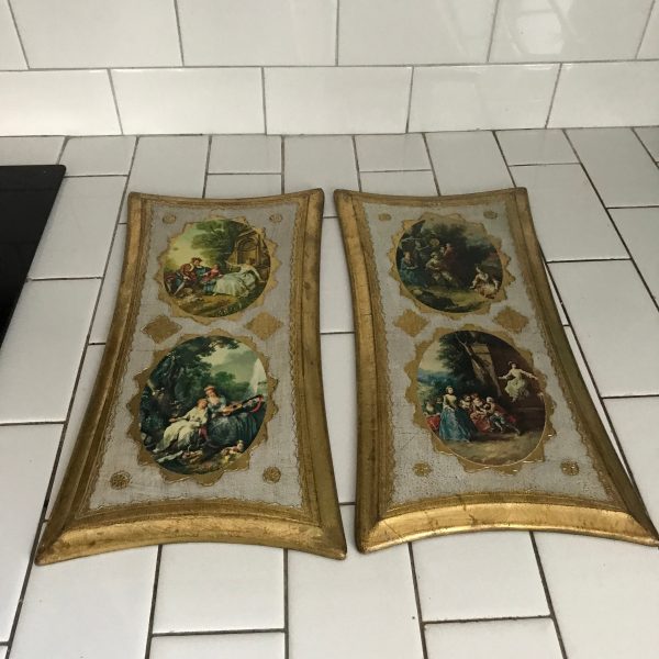 Vintage Pair of Florentine Italy Wall hanging pictures Victorian style heavy gold 1950's wooden plaques collectble display wall decor