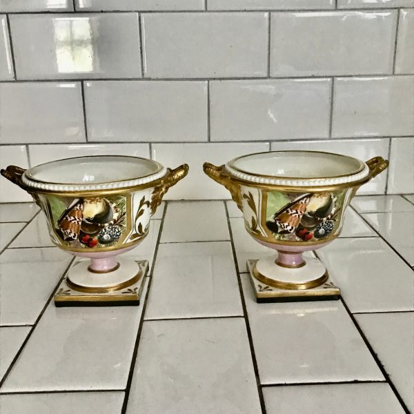 Vintage Pair of Italian Porcelain Urns double Goat Head Handles exquisite detail Nautical print heavy gold collectible display mantle vases