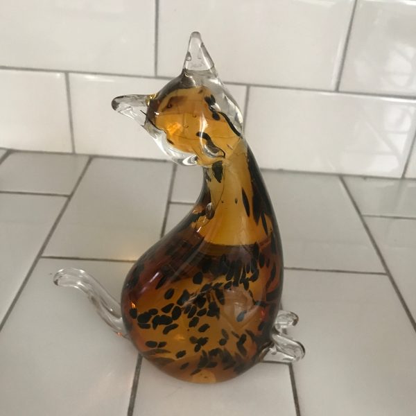 Vintage paperweight Amber cat with black specks blown glass collectible farmhouse display crazy cat lover cat lady