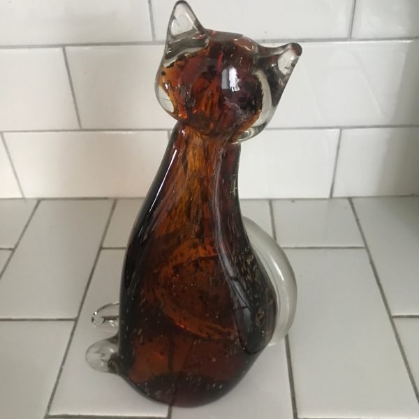 Vintage paperweight Amber cat with gold strands within the blown glass collectible farmhouse display crazy cat lover cat lady 9 1/2" tall