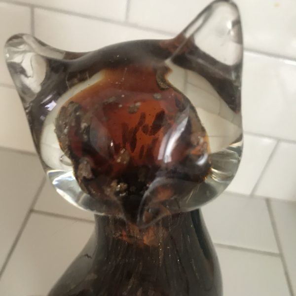 Vintage paperweight Amber cat with gold strands within the blown glass collectible farmhouse display crazy cat lover cat lady 9 1/2" tall