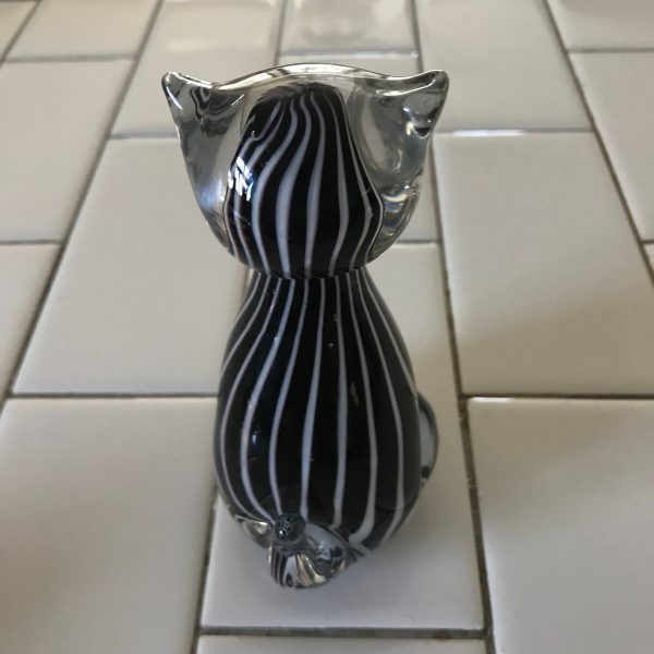 Vintage paperweight Black with White lines blown glass collectible farmhouse display crazy cat lover cat lady Enesco