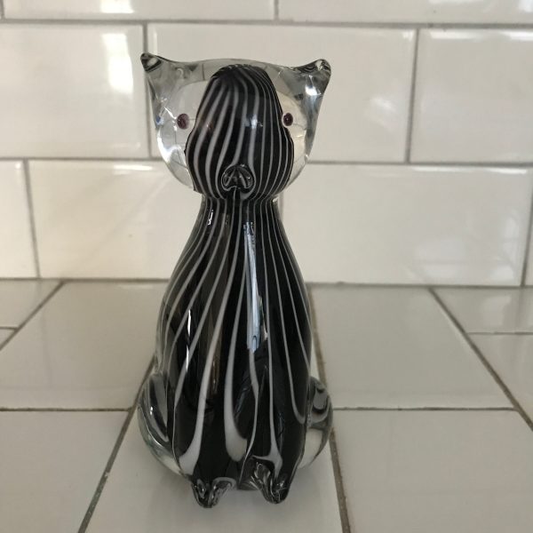 Vintage paperweight Black with White lines blown glass collectible farmhouse display crazy cat lover cat lady Enesco