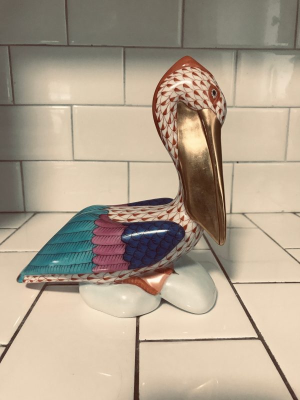 Vintage Pelican 7 1/4" Tall Herend Hungary Fugurine Rust Fishnet Blue pink wings Signed & Marked Collectible display cottage Costal Nautical