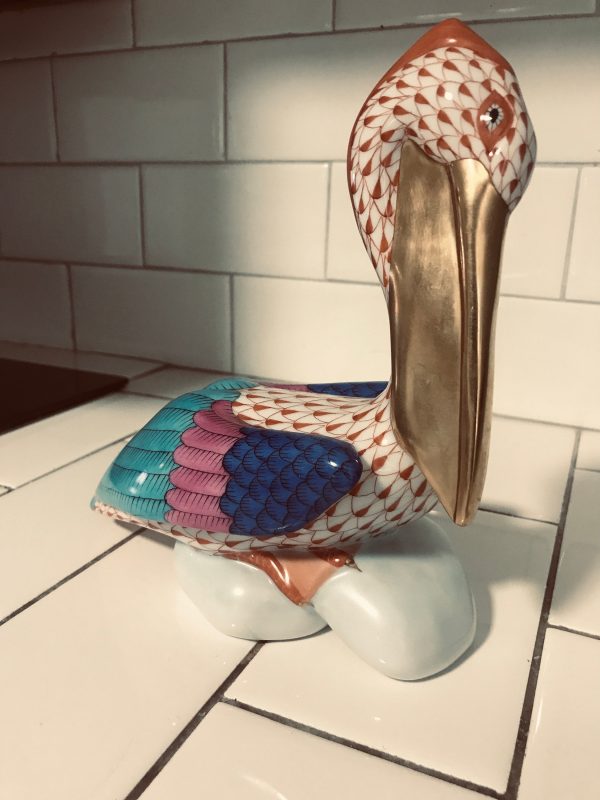 Vintage Pelican 7 1/4" Tall Herend Hungary Fugurine Rust Fishnet Blue pink wings Signed & Marked Collectible display cottage Costal Nautical