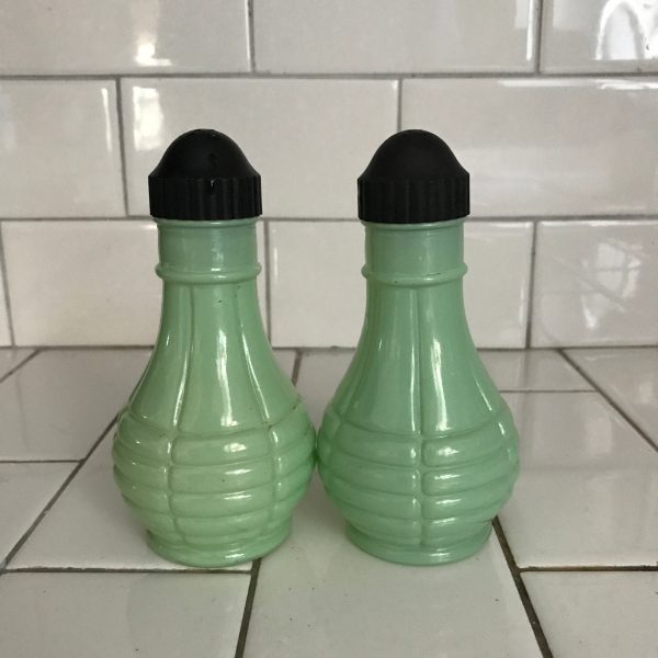 Vintage Salt and Pepper shaker fired on paint glass jadite colored with bakelite lids collectible display famrhouse decor