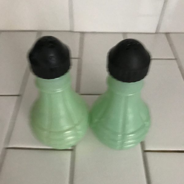 Vintage Salt and Pepper shaker fired on paint glass jadite colored with bakelite lids collectible display famrhouse decor