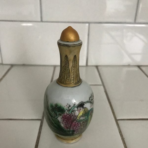 Vintage Snuff Bottle Bisque Long neck with Asian print hand painted great detail collectible display intricate hand painted 4 1/4" tall