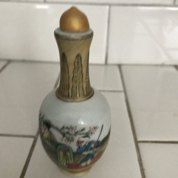 Vintage Snuff Bottle Bisque Long neck with Asian print hand painted great detail collectible display intricate hand painted 4 1/4" tall