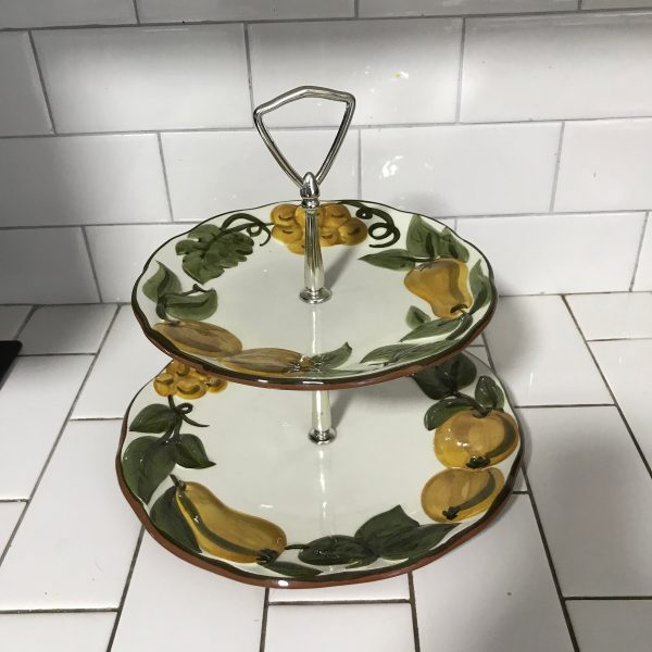 Vintage Stangl Pottery double tier snack tray Sculptured Fruit Pattern Brown Mustaard Green fruit pattern Mid Century