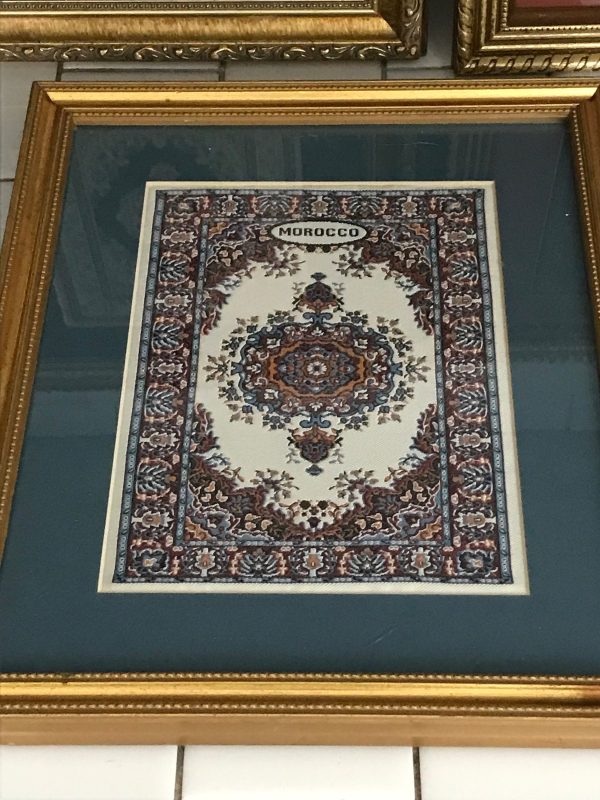 Vintage Walll Decor Salesman's sample miniature rugs framed and matted Morocco Tunisia small woven rugs collectible display wall decor