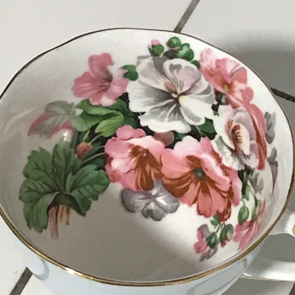 Vintage Windsor Tea cup and saucer England  farmhouse collectible display dining serving morning coffee Pink white flowers Morning Glories