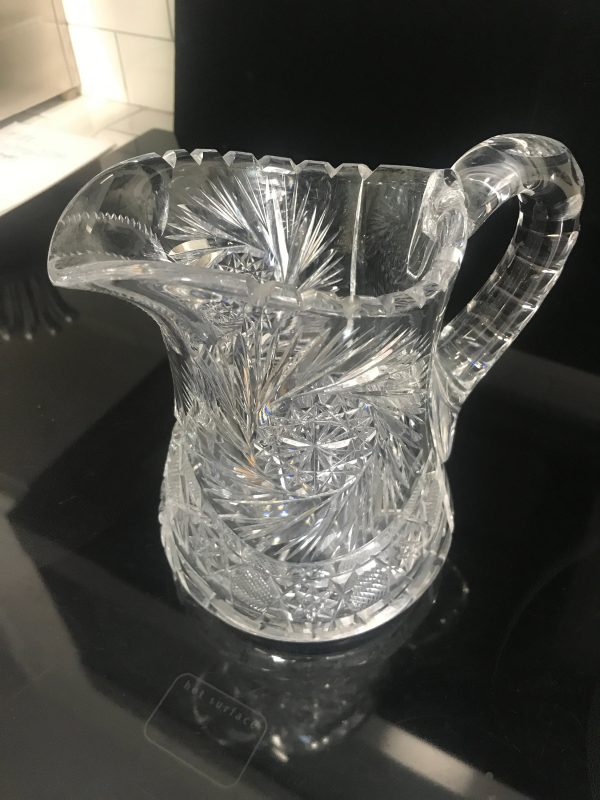 Antique American Brilliant Cut crystal pitcher Beautiful large cut rim and handle Mint condition 7 1/4" tall collectible display elegant