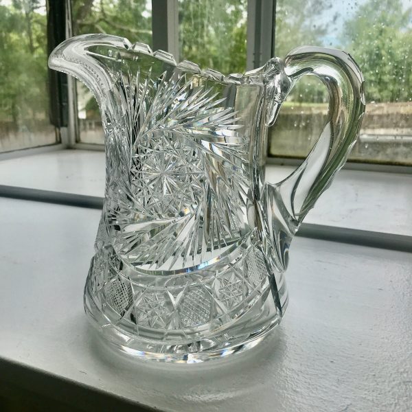 Antique American Brilliant Cut crystal pitcher Beautiful large cut rim and handle Mint condition 7 1/4" tall collectible display elegant
