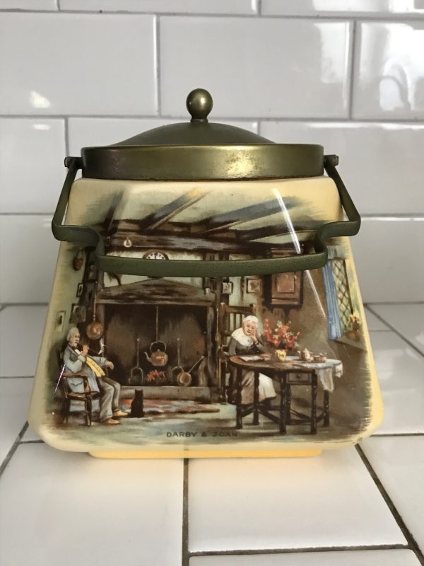 Antique Biscuit Barrel Cookie Jar Elegant Storage Container Dining Collectible L & Sons Limited England transfer ware Brass trim