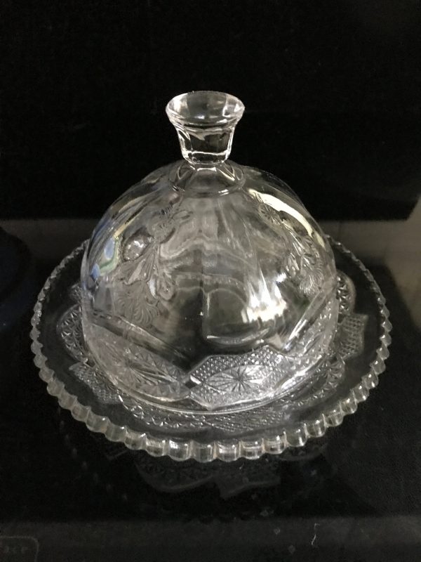 Antique covered glass butter dish EAPG collectible display fine dining farmhouse floral with ornate design and ruffled rim plate