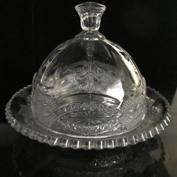 Antique covered glass butter dish EAPG collectible display fine dining farmhouse floral with ornate design and ruffled rim plate