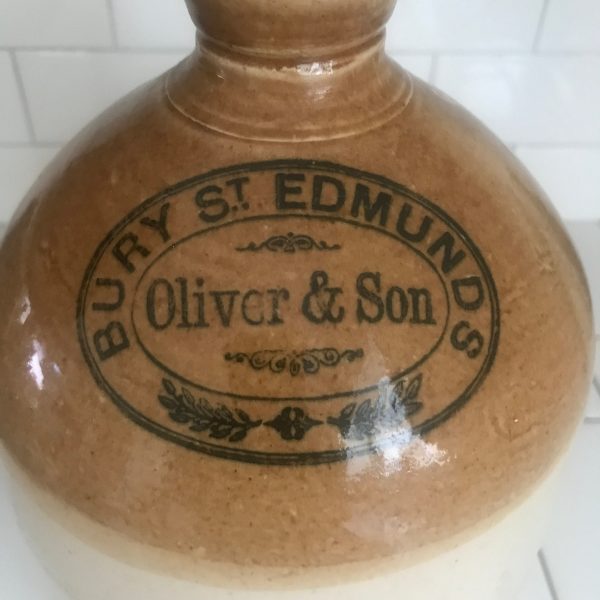 Antique Crock 1 1/2  Gallon Advertising England Bury St. Edmunds Oliver & Son Spirits jug crock farmhouse collectible