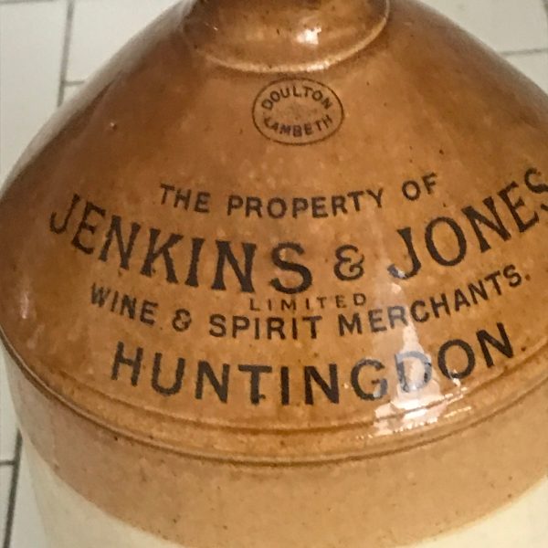 Antique Crock 1 Gallon Advertising Jenkins & Jones wine and spirits merchants Huntingdon Doulton Lambeth