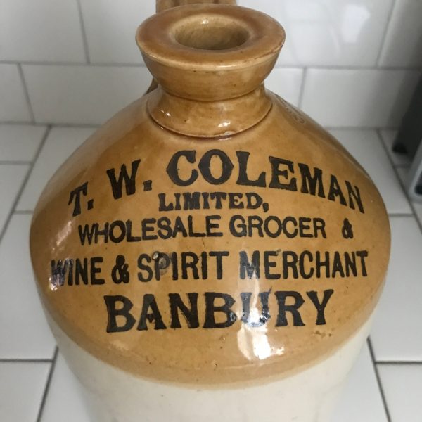 Antique Crock 1 Gallon Advertising T. W. Coleman Limited, Wholesale Grocer & wine and spirits merchant Banbury Powell Bristol stamped