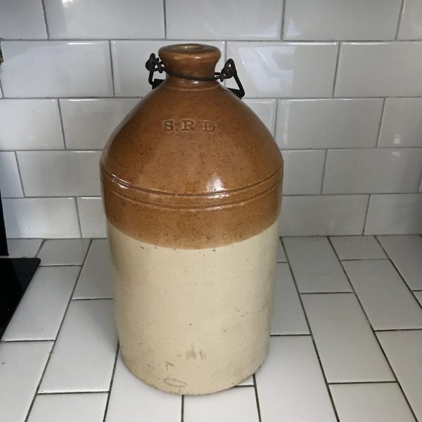Antique Crock 2 Gallon Advertising S.R.D. The Pottery Fulham maker London England spring metal handle farmhouse collectible