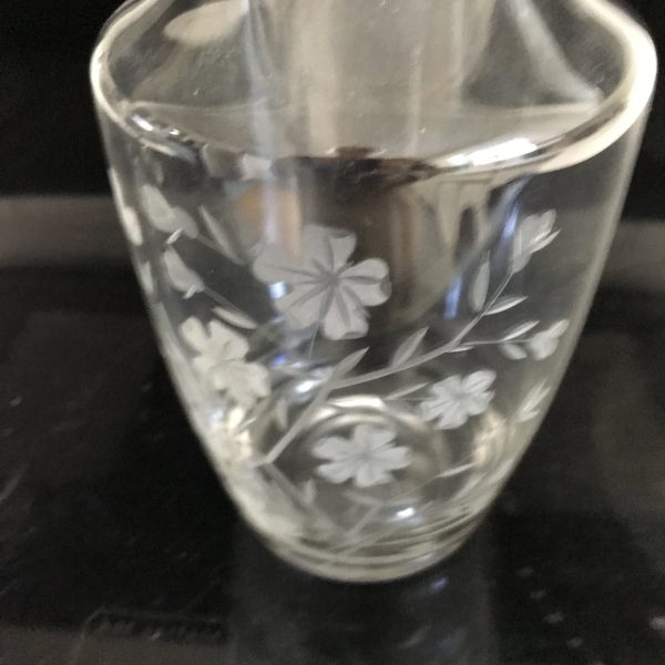 Antique Decanter Etched with flowers and 6 glasses etched collectible display barware excellent condition tall with flowers elegant
