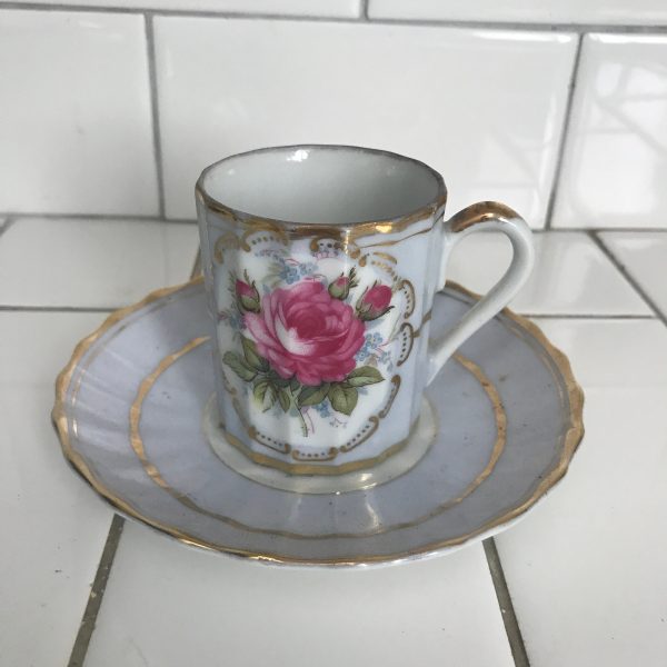Antique Demitasse tea cup and saucer Antique Hand painted Roses with heavy gold trim Dainty collectible farmhouse bridal wedding