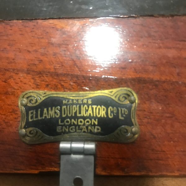 Antique ELLAMS DUPLICATOR made in England complete in dovetailed suitcase box turn of the century farmhouse office decor collectible