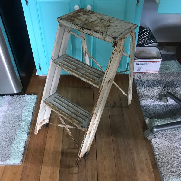 Antique Farmhouse step stool ladder metal legs and steps Unique design collectible display barn rustic primitive plants stand patio porch