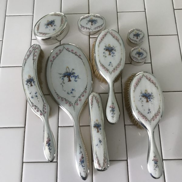 Antique Guilloche Vanity Dresser Set 9 pieces Sterling Silver London Flower wreaths and basket blue pink white 1809-1910 brush mirror boxes