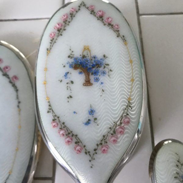 Antique Guilloche Vanity Dresser Set 9 pieces Sterling Silver London Flower wreaths and basket blue pink white 1809-1910 brush mirror boxes