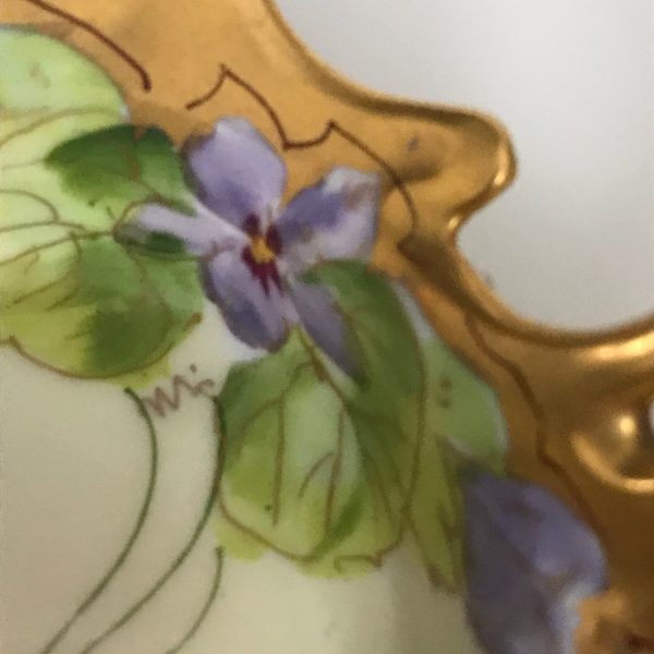 Antique hand painted Nappy heavy gold Picard China fine quality stunning detail violas purple lavender display farmhouse bed & breakfast