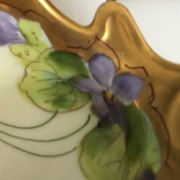 Antique hand painted Nappy heavy gold Picard China fine quality stunning detail violas purple lavender display farmhouse bed & breakfast