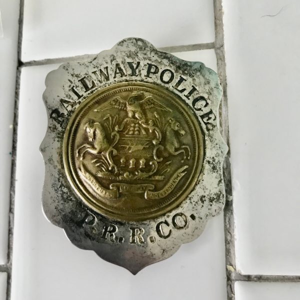 Antique Railway Police badge by American Railway Co. New York on back brass and silverplate collectible memorabilia Pennsylvania Railroad
