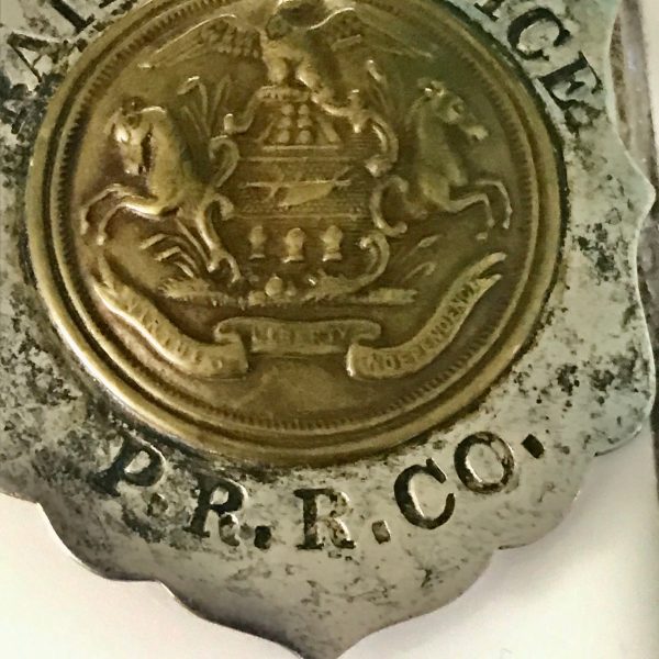 Antique Railway Police badge by American Railway Co. New York on back brass and silverplate collectible memorabilia Pennsylvania Railroad