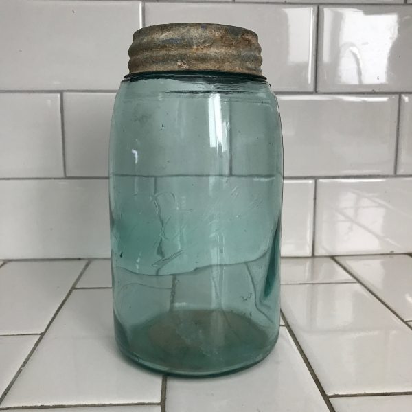 Antique Triple L ball mason jar late 1800's with zinc lid bubbles in glass aqua blue quart canning collectible display farmhouse jar