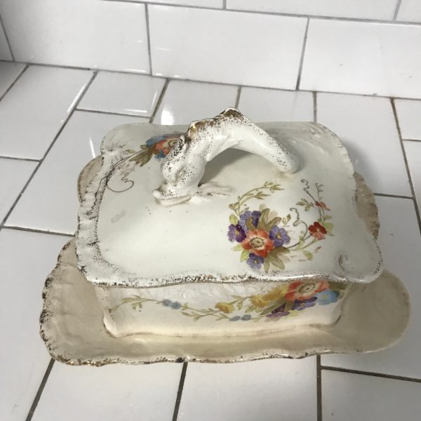 Antique turn of the century covered butter dish collectible display farmhouse poppies and thistle made by Ludwig Wessel Bonn Germany
