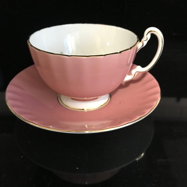 Aynsley Tea Cup and Saucer Mauve with Butterfly pattern inside cup gold trim scalloped rims collectible display morning coffee entertaining