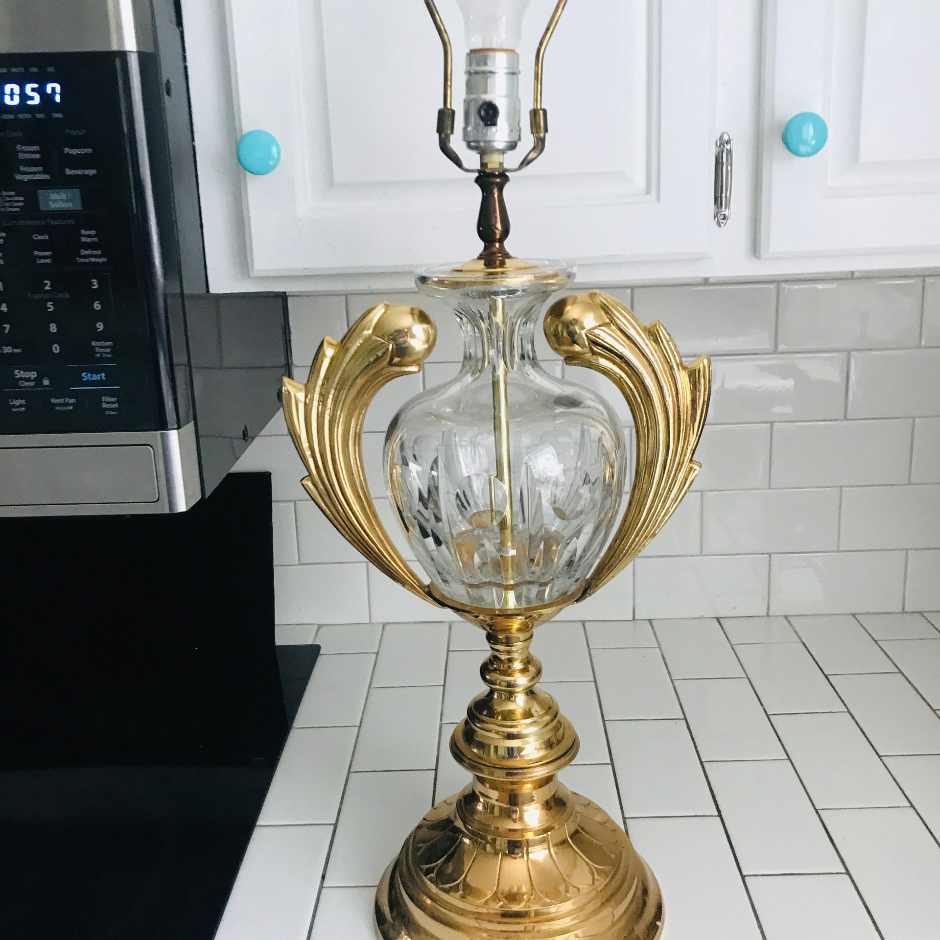 Beautiful Art Nouveau Crystal Lamp with solid brass base and trim