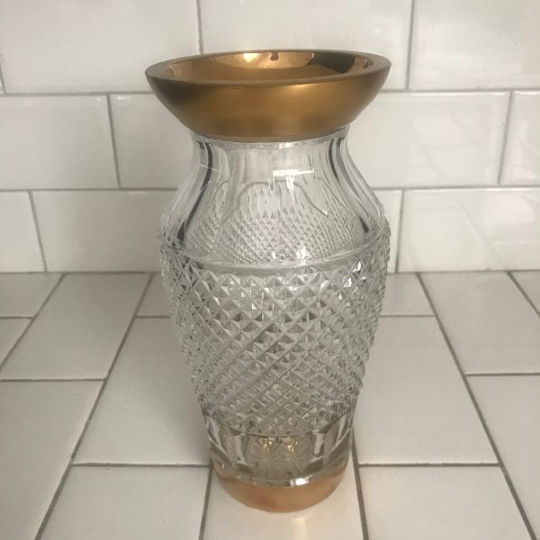 Beautiful crystal vase vintage cut crystal with gold top and bottom vase collectible display home decor