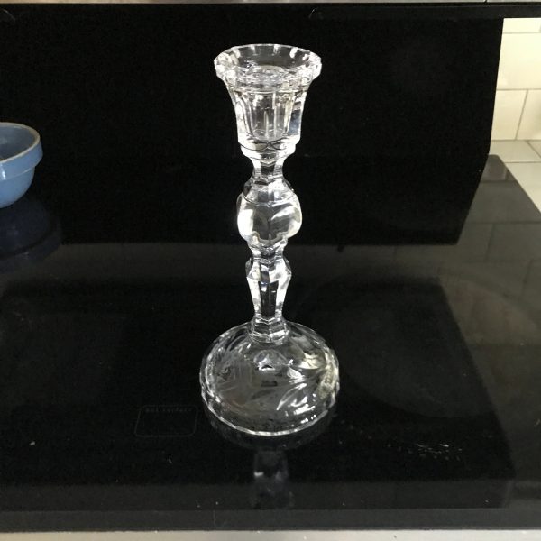 Beautiful large and very heavy etched crystal candlestick holder 10 1/4" tall paneled base etched large flowers