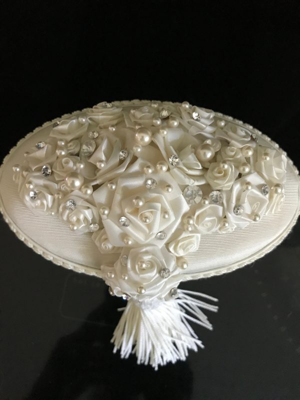 Beautiful Moire fabrc Wedding box oval with pearls roses and rhinestones trinkets jewelry storage collectible display victorian style